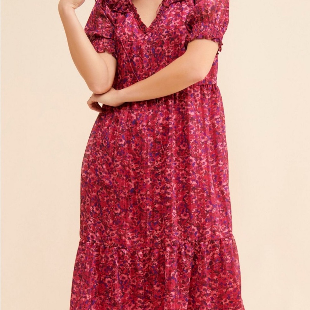 Anthropologie Red Ruched Midi Sundress with Puff Sleeves